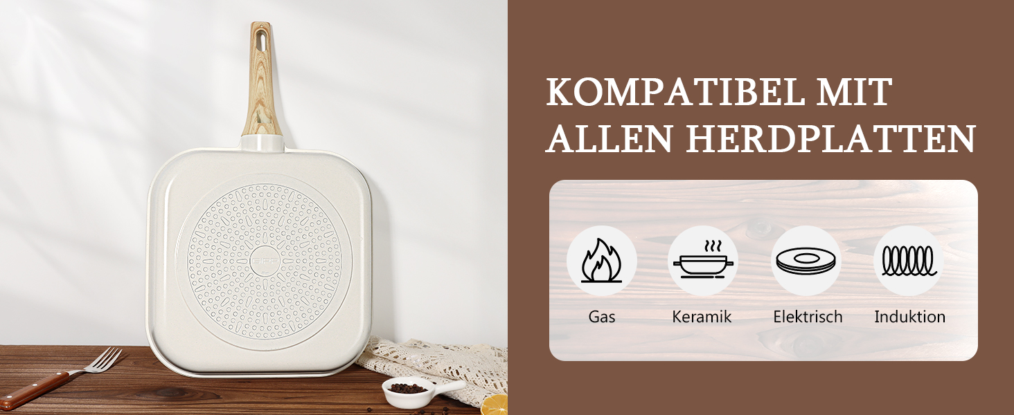 Сковорода-гриль GiPP 28x28 см, для стейків, індукційна, з алюмінію з гранітною антипригарним покриттям, без PFOA, для всіх типів плит, легко миється, біла