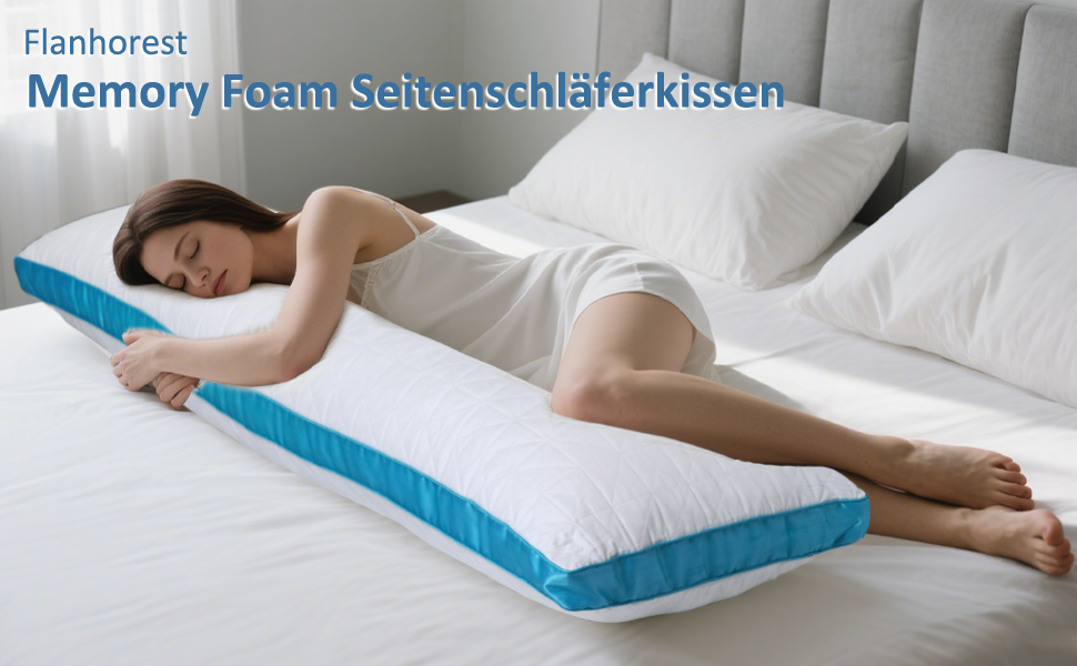 Подушка для сну Flanhorest з ефектом пам'яті для вагітних та годування, 130x43 см, біло-блакитна