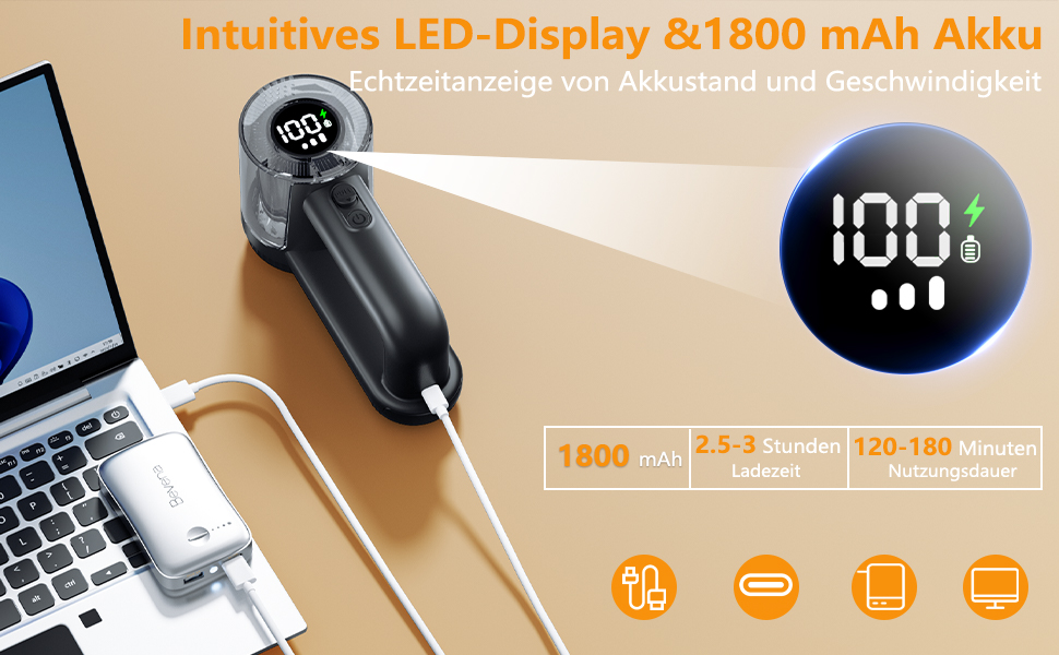Електрична машинка для видалення ковтушків 1800mAh, USB-зарядка, 3 швидкості, LED-дисплей, набір з 3 змінних лез для одягу та меблів, чорна