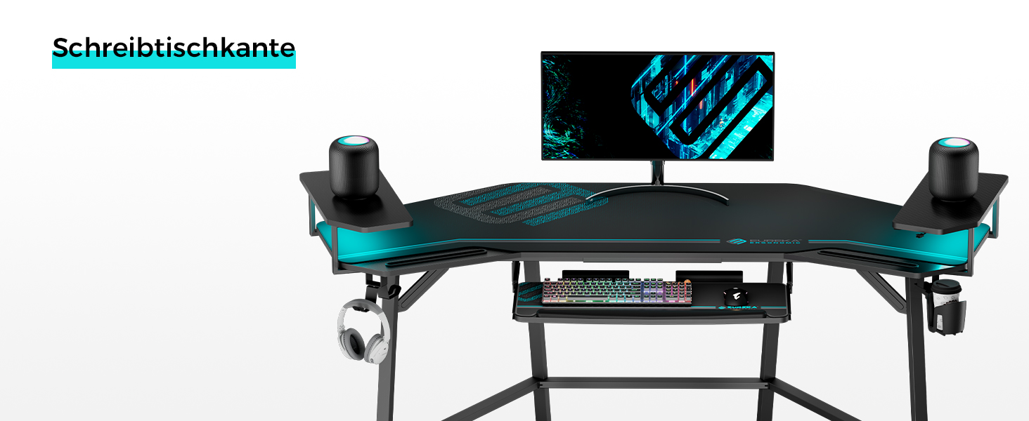 Ігровий стіл EUREKA ERGONOMIC 160x74 см - великий стіл у формі крила з 2 відсіками для iPad. Підходить для дому, офісу, стрімінгу. Чорний колір.