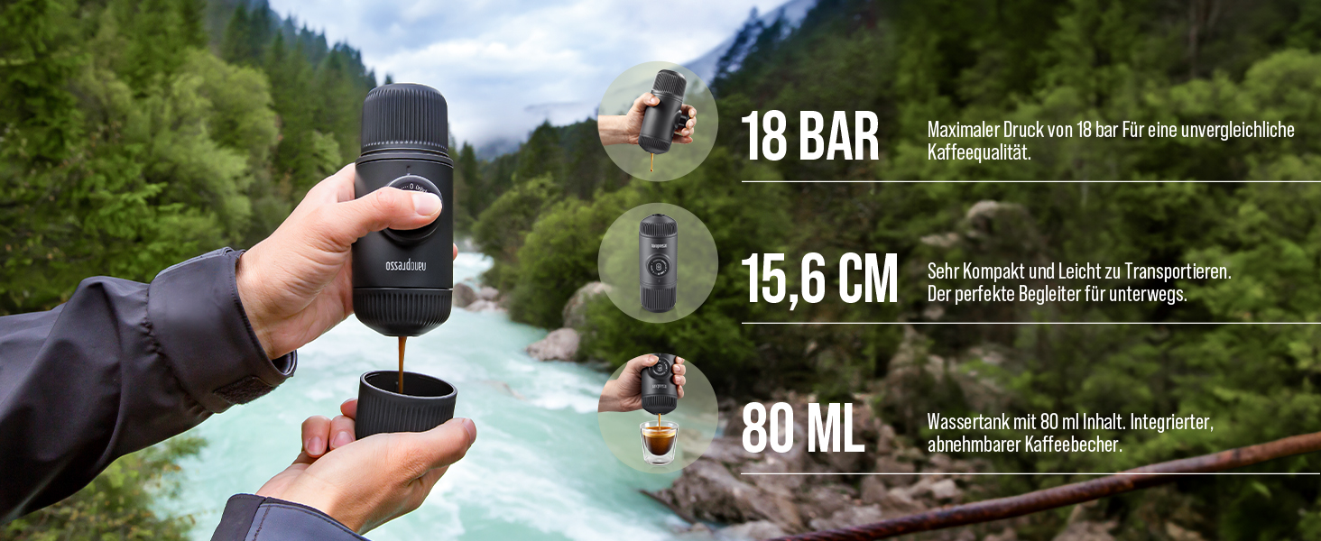 WACACO Nanopresso - портативна кавомашина для еспресо, 18 Bar, ручне керування, для подорожей, червона