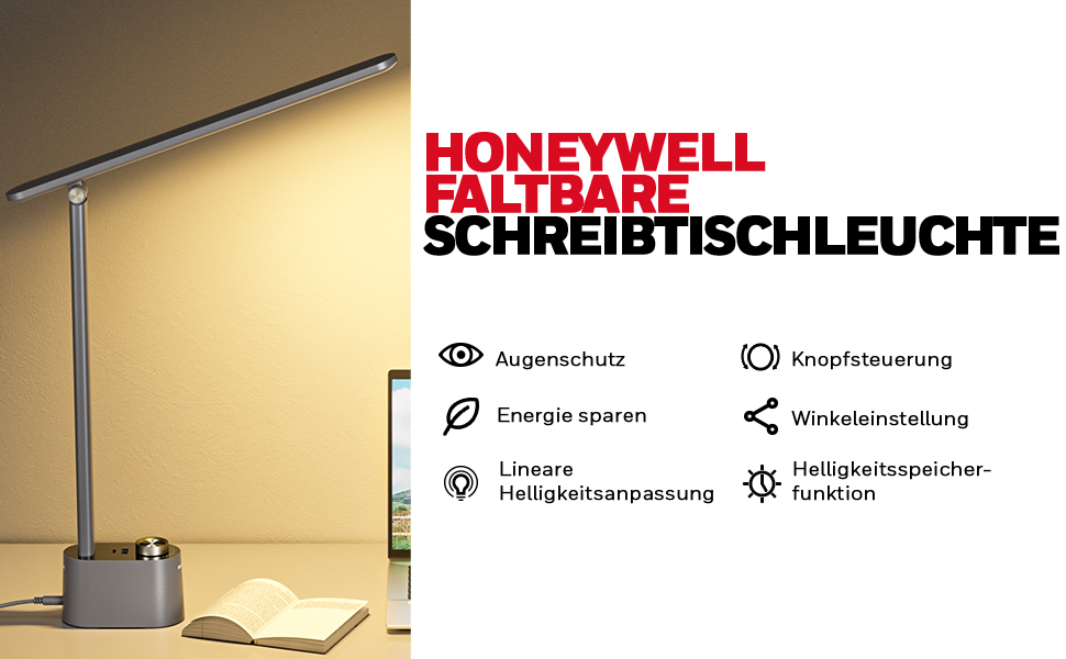 Настільна лампа Honeywell з USB, з можливістю затемнення, легкий для очей, складний, портативний, HWT-H01 сірий