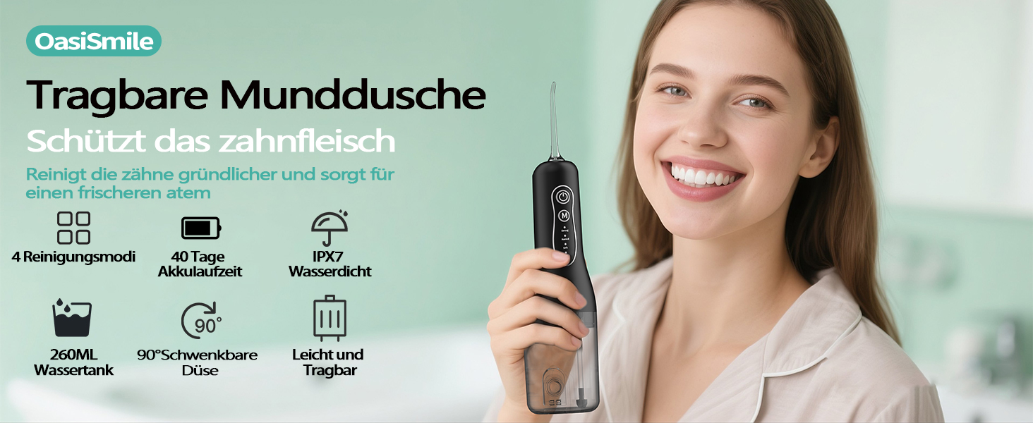 Електрична іригатор Munddusche: тестер-переможець 2025, 260 мл резервуар, IPX7 водонепроникність, 5 насадок, 40 днів роботи, для догляду за порожниною рота, чорний