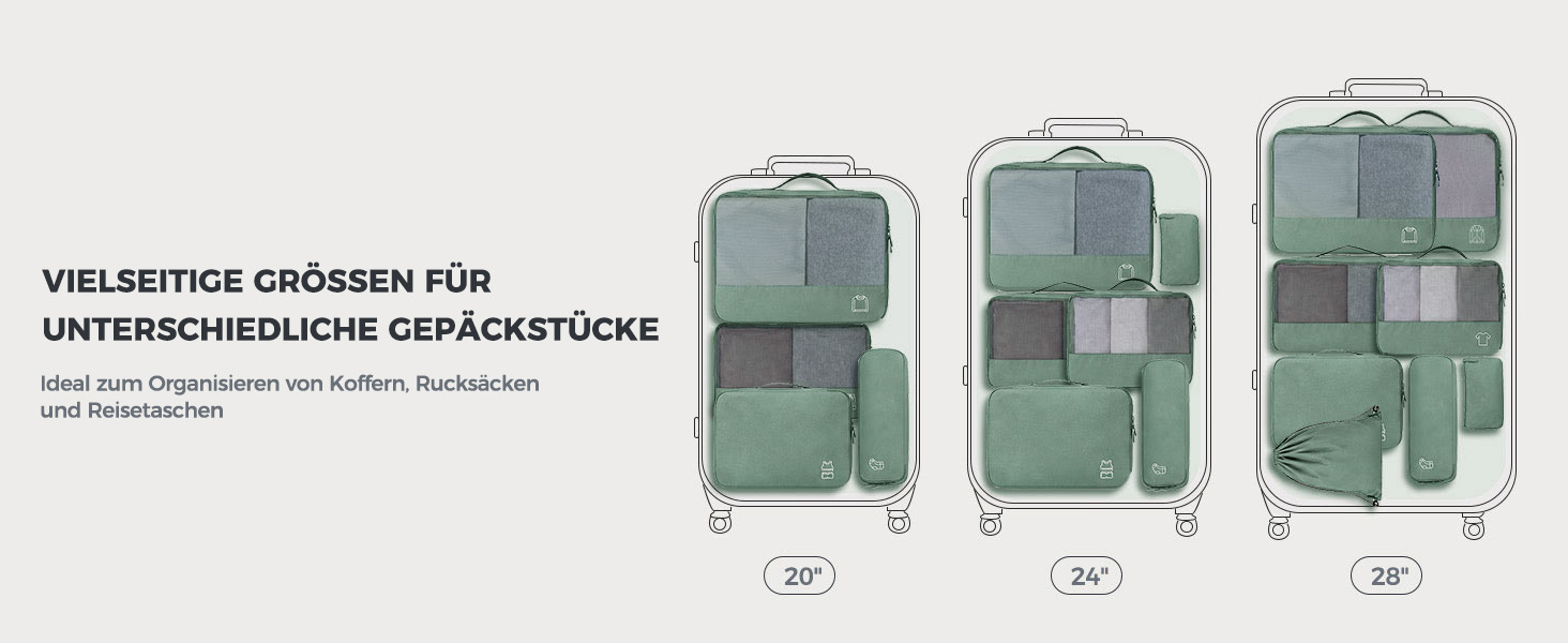 Набір органайзерів для валізи та рюкзака Packing Cubes, 8 предметів, сіро-зелений — дорожній набір для пакування речей