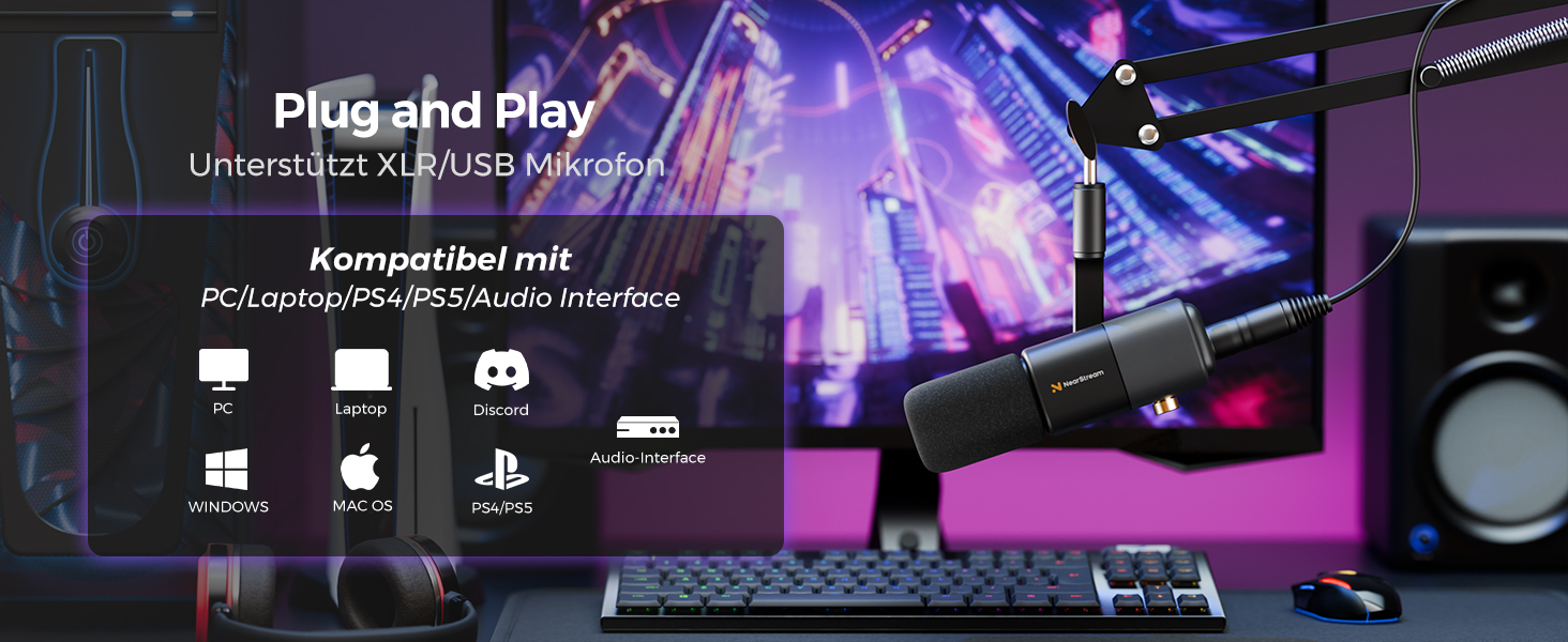 Конденсаторний мікрофон NearStream AM25X з підставкою, USB/XLR, для подкастів, стрімінгу, студії та ігор (PC/PS5/PS4), з функцією моніторингу та шумозаглушення