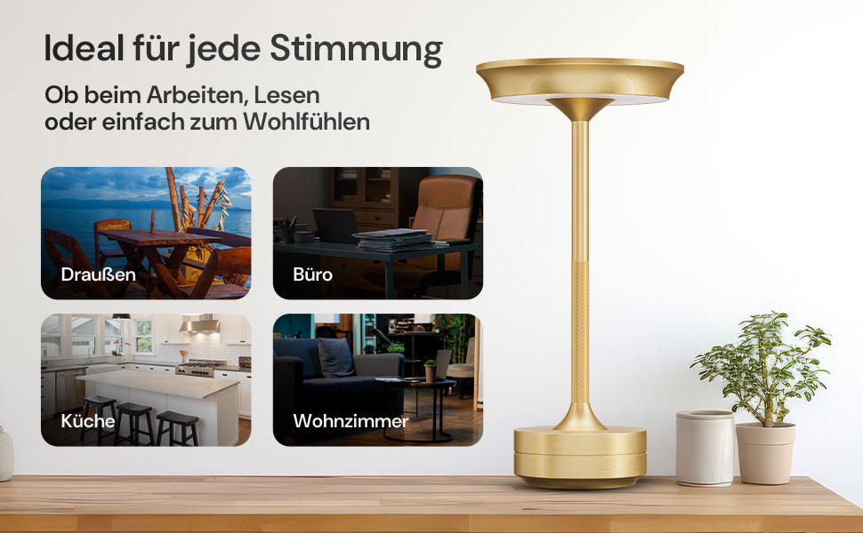 LED настільна лампа Designgold бездротова з акумулятором - стильний дизайн, 3 кольори світла, диммування, для дому та на вулицю, зарядка USB-C (Золота)