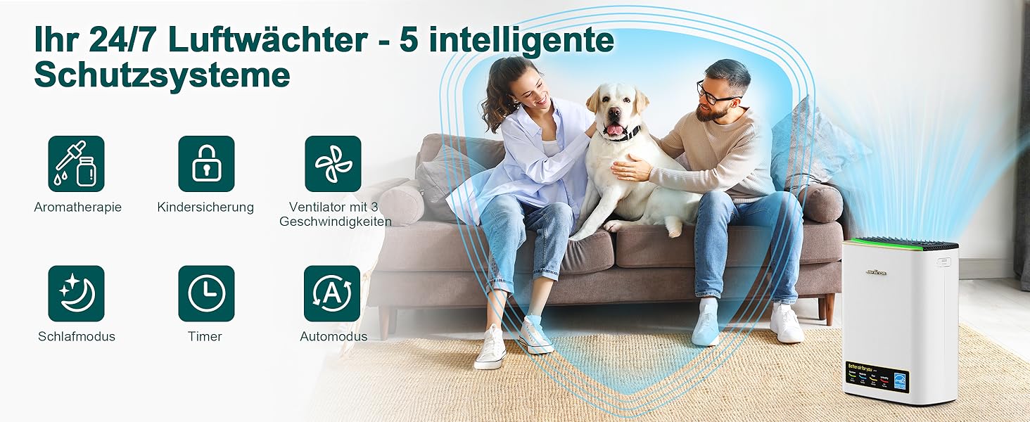 Повітряний фільтр Jafända HEPA для алергіків: очищувач повітря з аромадифузором та фільтром з активованим вугіллям, видаляє 99,97% цвілі, пилу, пилку, CADR 268 м³/год (Золотий)