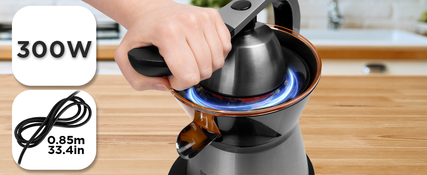 Електрична соковитискачка Duronic Saftpresse 600W - соковитискачка для цитрусових з нержавіючої сталі, 400мл, 2 конуси