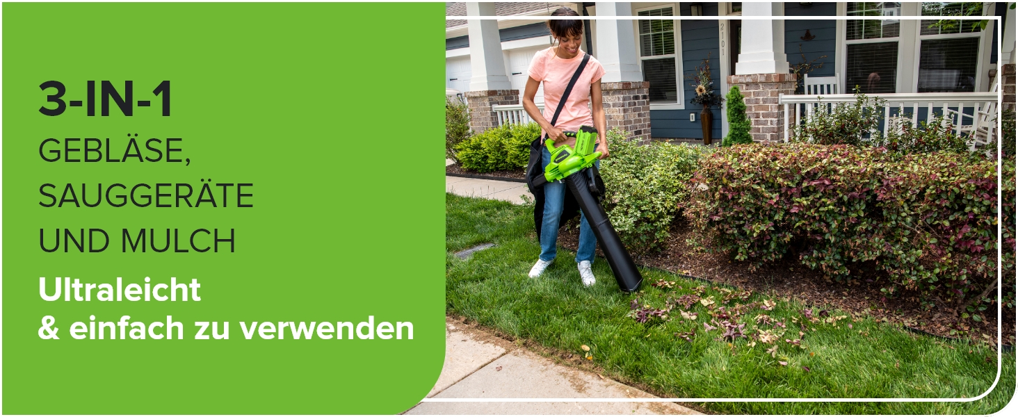 Акумуляторний листозбірник/лістовий повітродув Greenworks 40V GD40BVK2X з безщітковим двигуном, 370 км/год, 14.17 м³/хв, 45л мішок для збору листя, 3 роки гарантії, 5Ah акумулятор та універсальне зарядне пристрій + бонусний акумулятор 4Ah