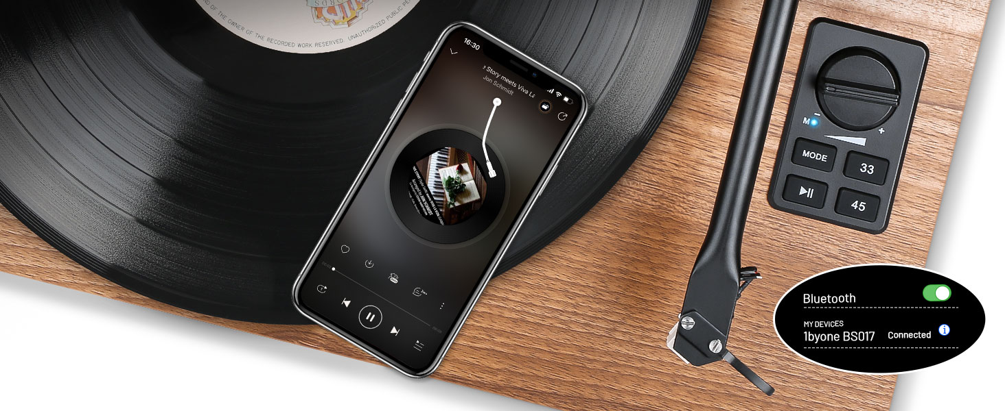 Вініловий програвач 1 by ONE з Bluetooth, вбудованими динаміками, автостопом, MM-фонокоректором, ремінним приводом, 33/45 об/хв, ностальгічний дизайн