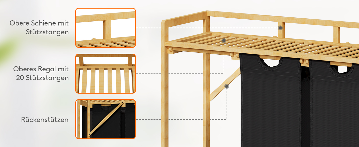 Кошик для білизни Lifewit з бамбуковим каркасом, 150л, 3 відділення, білий/чорний