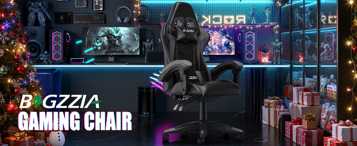 Ігровий крісло Bigzzia - ергономічне крісло для ПК з підголівником, RGB підсвічуванням, для юнаків та дорослих (чорно-сірий, без LED)