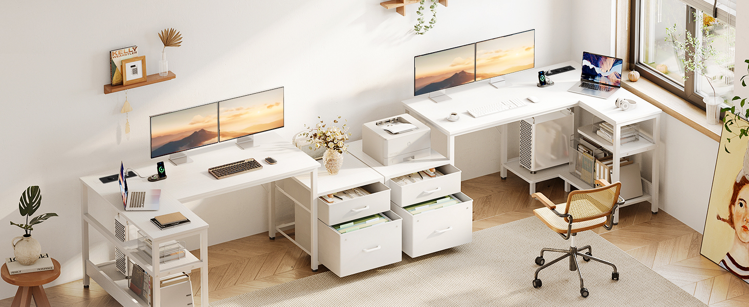 Комп'ютерний стіл Coleshome L-подібний з шухлядами, 140x80 см, з розеткою, білий