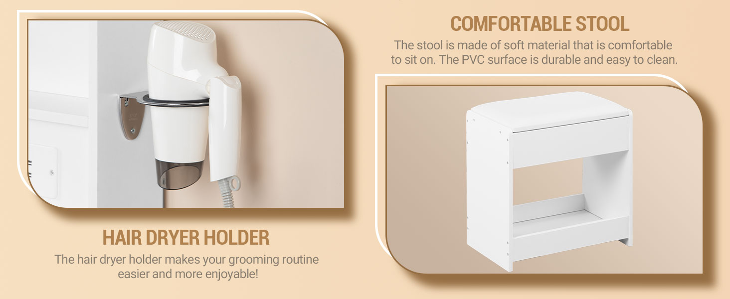 Дзеркальний туалетний столик Hzuaneri з LED-підсвіткою (10 LED), пуфом, великим дзеркалом, тримачем для фену та шухлядами, білий DT39003X