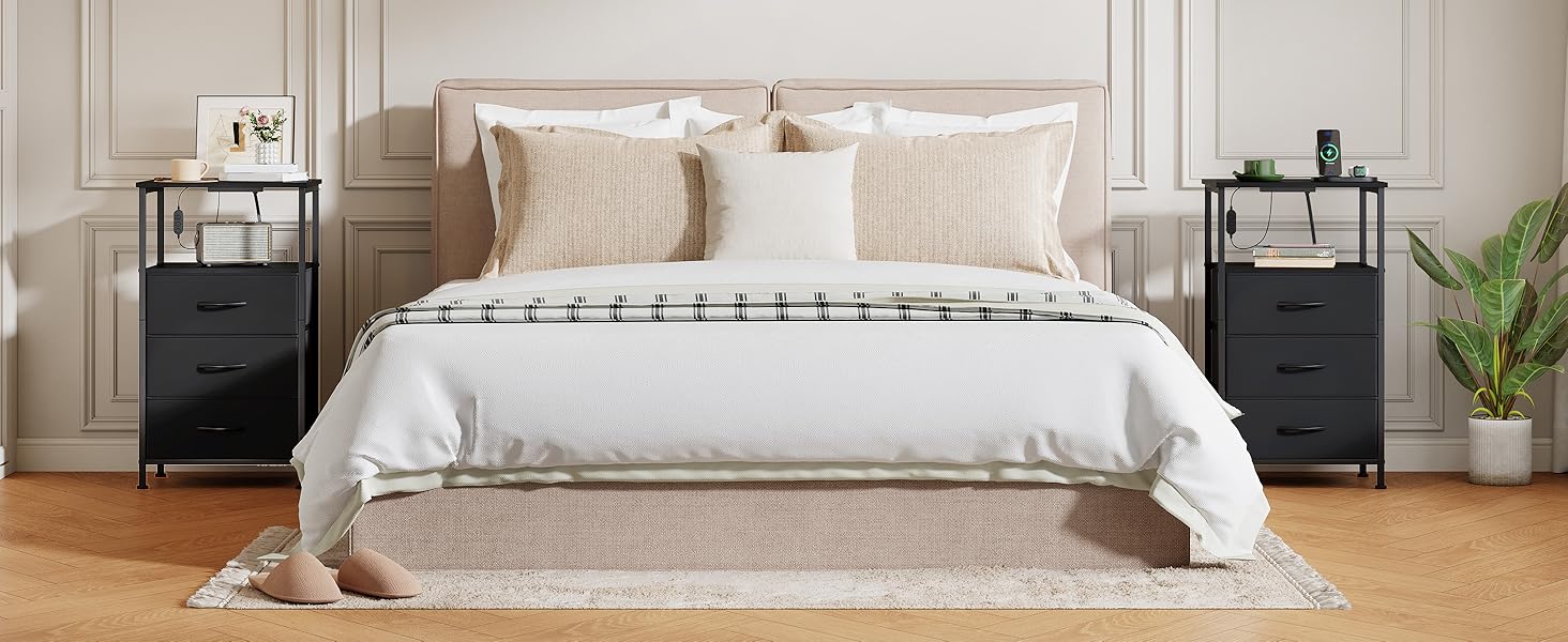 Нічний столик Somdot з підзарядкою, LED, розеткою (USB, Type-C) для спальні, вітальні, дитячої кімнати, чорний, 30x40x60/72 см (2/3 ящики)