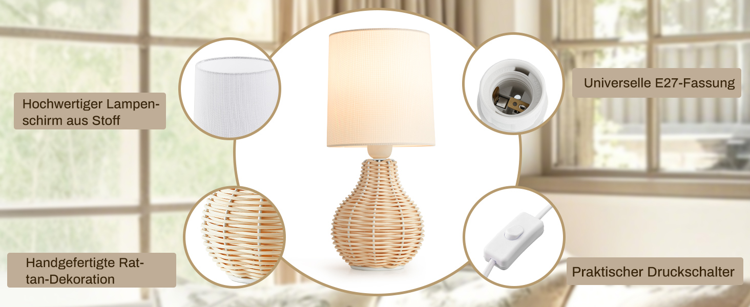 Настільна лампа GyroVu 2 шт. з ротангу, Бохо стиль, цоколь E27, для спальні, вітальні, читання