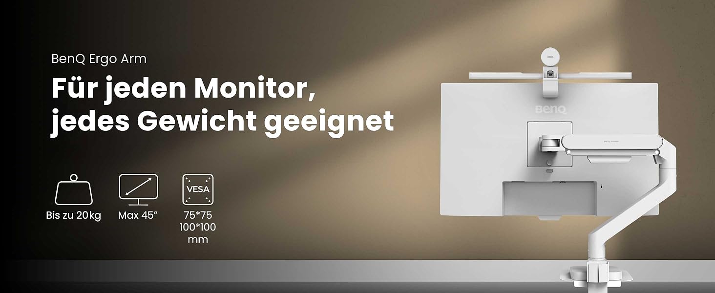 Кріплення для монітора BenQ BSH01 Ergo – газ-амортизатор, підтримка до 45” та 20 кг, стабільна конструкція, швидкий монтаж, кріплення на клямці або гвинтах, VESA 75x75 & 100x100 мм