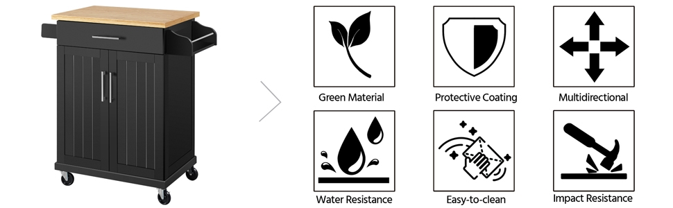 Кухонний візок Yaheetech з висувною шухлядою та 3 шафками, чорний, 66 x 45,5 x 91,5 см