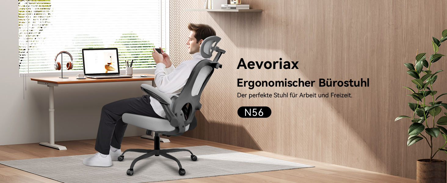 Ергономічне крісло Aevoriax N56 для офісу, з підтримкою попереку, м'яким сидінням, регульованою підголівником, велике (чорний/сірий)