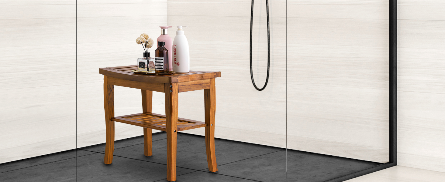 Дерев'яний душовий стілець VaeFae з текового дерева - стійкий, легкий, з полицею, для ванної кімнати