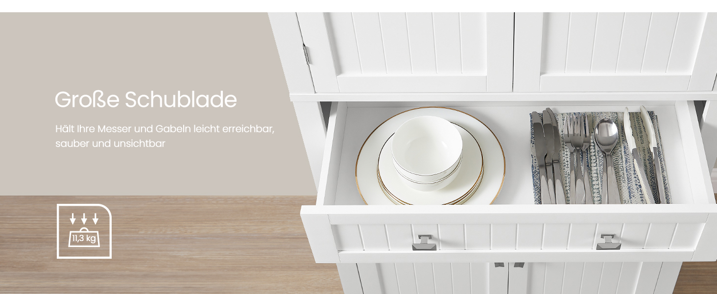 Шафа кухонна VASAGLE, висока, буфет-вітрина, з регульованими полицями, з ящиками, для кухні/вітальні, 40 x 76 x 182,1 см, білий BBC561W21