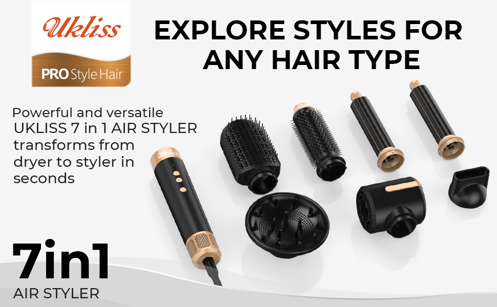 UKLISS Airstyler Pro 7 в 1: Фен-щітка з дифузором, 1400 Вт, 110000 об/хв, професійний стайлер для сушіння, завивки та випрямлення волосся (бірюзовий)