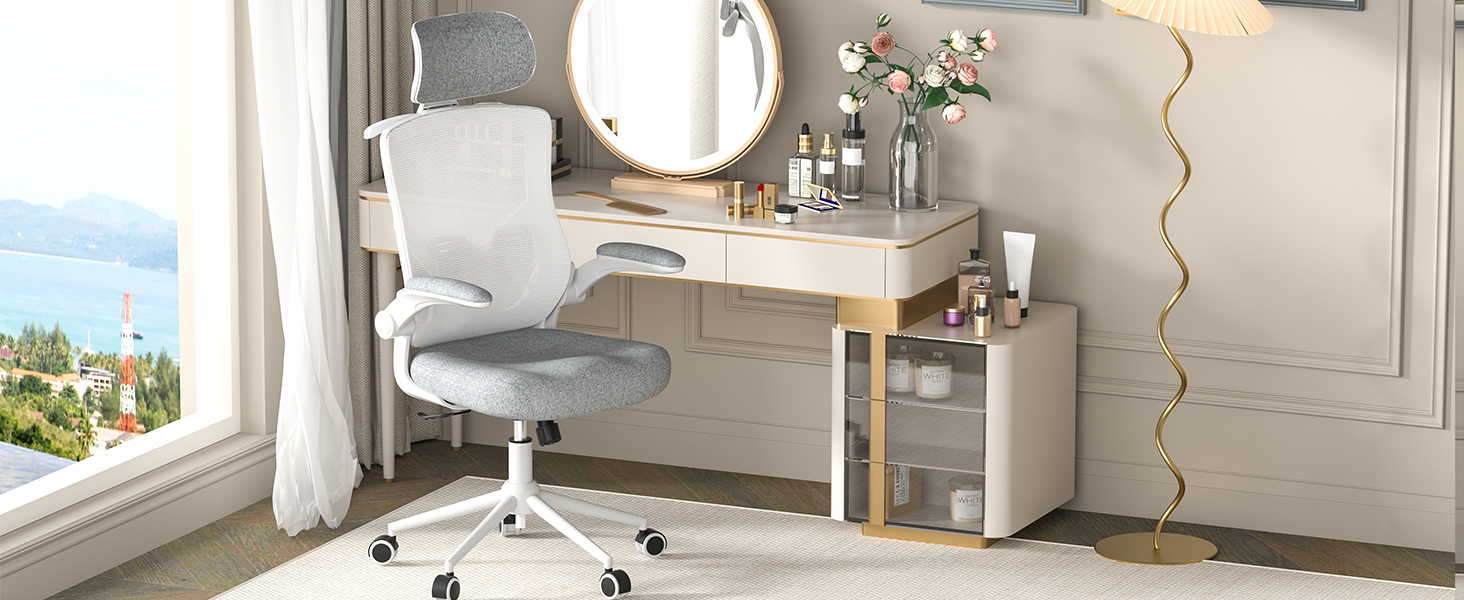 Ергономічне крісло для офісу з регульованою підголівником та поперековою підтримкою – високе офісне крісло з сітчастою спинкою та м'яким сидінням, вішалка для одягу та функцією блокування (білий та сірий)