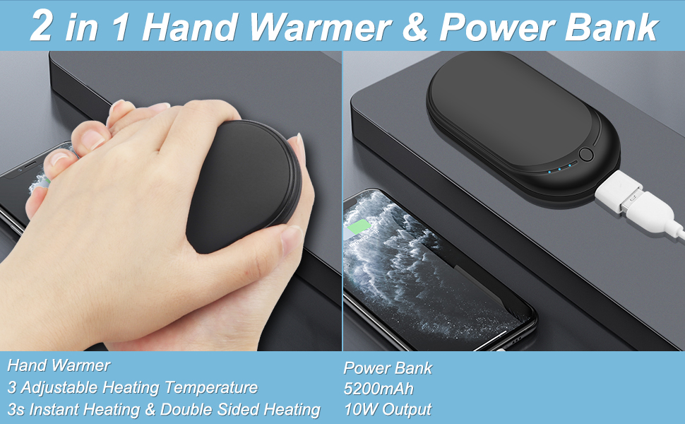 Електричний грієчка USB, Powerbank 5200mAh, портативний кишеньковий грієчка, багаторазовий, для жінок та чоловіків, Raynaud, Outdoor, кемпінг, полювання, катання на лижах, чорний та білий (чорний та сірий)