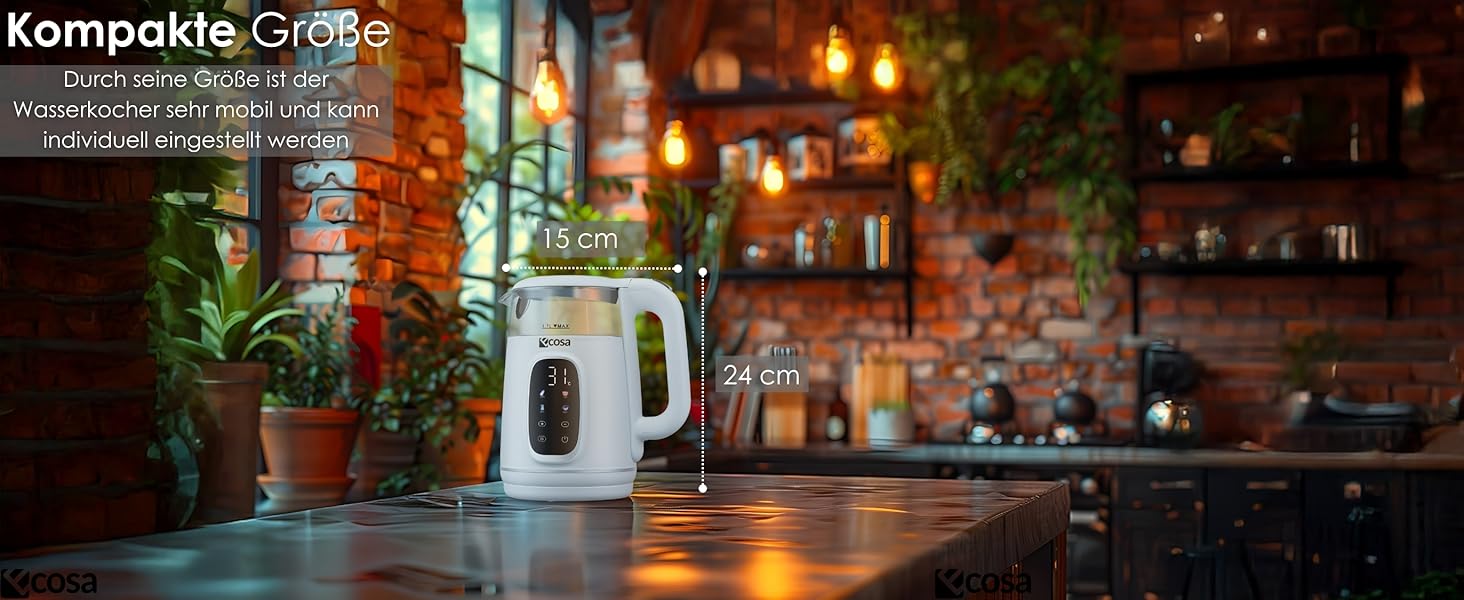 Електрочайник Ecosa® зі скляною колбою та регулюванням температури, 1.7 л, 2200 Вт, не містить BPA, з підігрівом та LED-підсвічуванням (Woldo White)