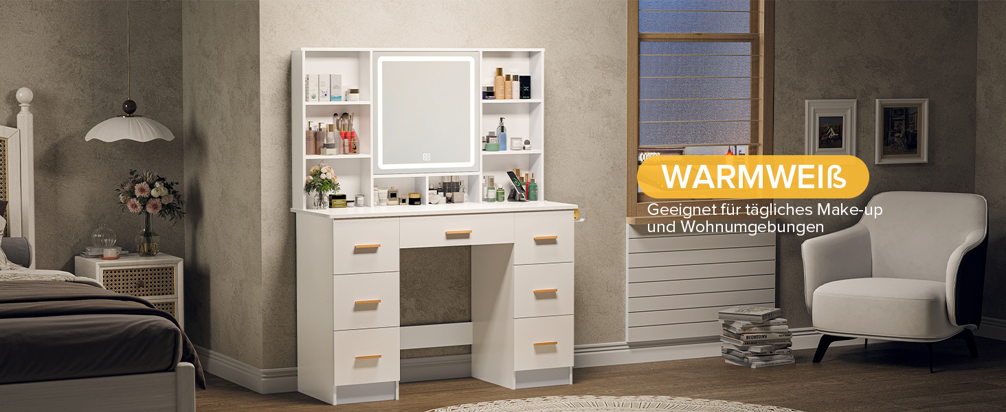 Дзеркальний туалетний столик Belife з підсвічуванням та 7 висувними ящиками, розеткою та 3 кольорами світла для спальні V5