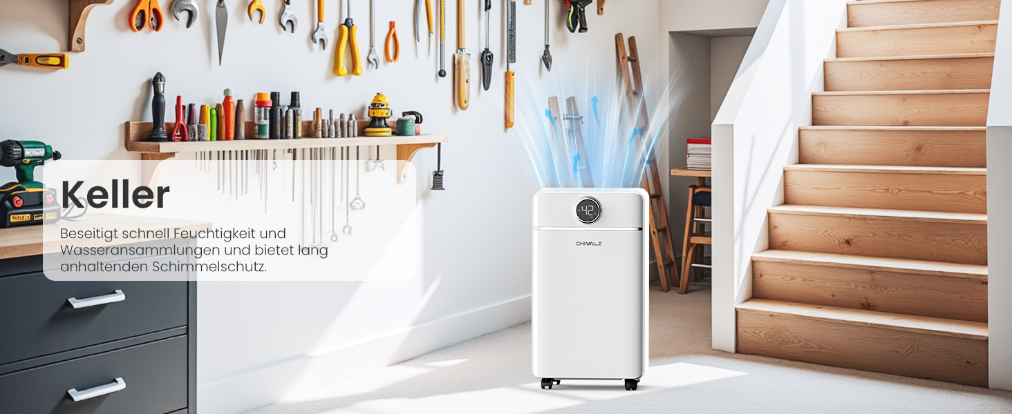 Електричний осушувач повітря CHIVALZ 12л/24г для приміщень до 120м³ (30м²), 3 режими роботи, таймер 24г, автоматична відтавлювання (білий)