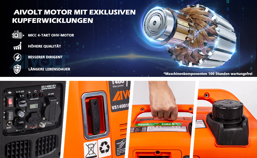 Інверторний генератор AIVOLT 1400W: бензиновий, тихий, для кемпінгу, фестивалів та дому. 2 USB, 12V DC та 230V розетки