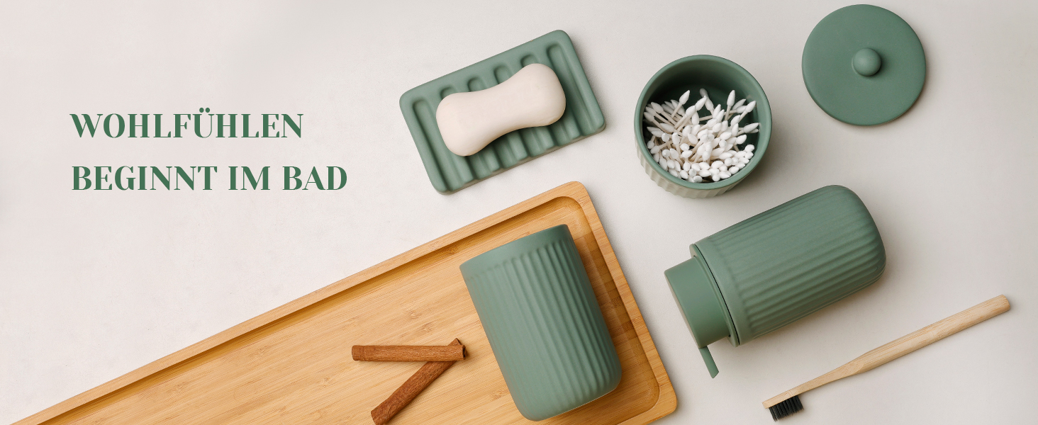 Набір аксесуарів для ванної кімнати 4 шт. з кераміки: дозатор для мила 350 мл, стакан для зубної пасти, мильниця, контейнер для ватних паличок. Декоративний набір для раковини (зелений)