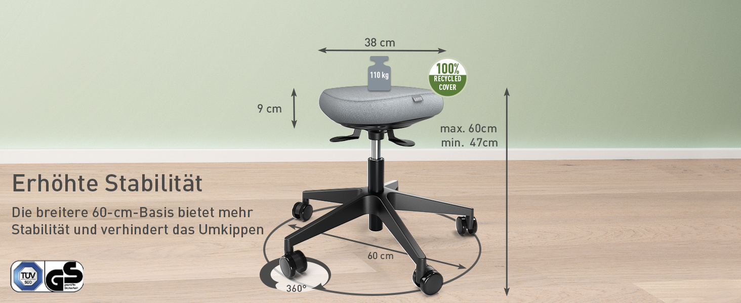 Leitz Ergo Active Столик для стояння з пінопластовим сидінням, регульована висота 57-82 см, оббивка з переробленого матеріалу, до 110 кг, серія Ergo, темно-сірий, 65450089