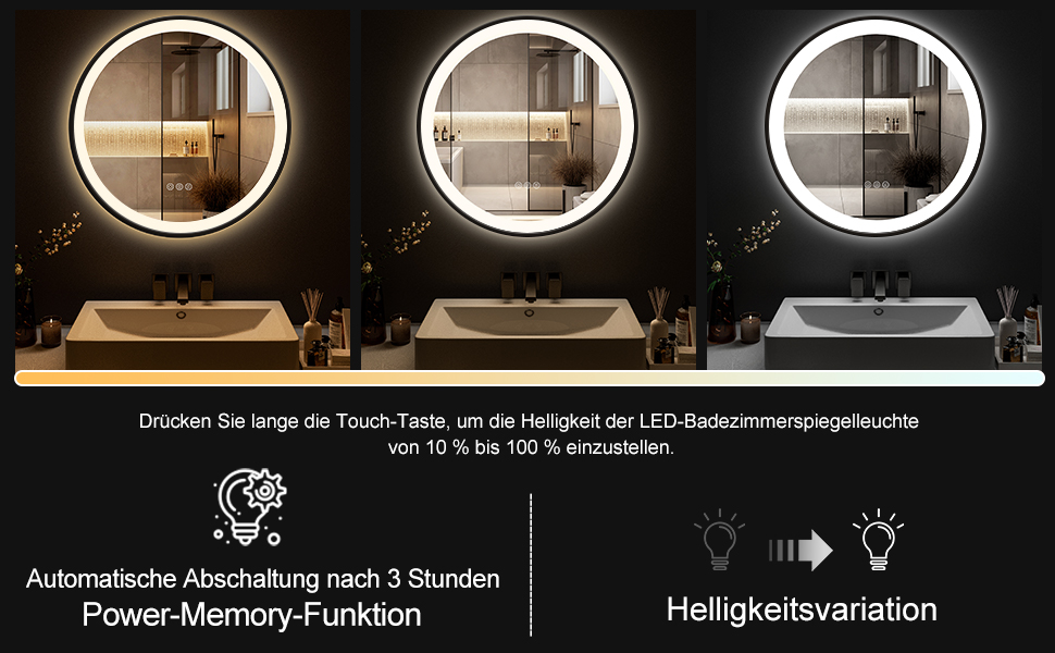 Круглий LED-дзеркало для ванної кімнати ChillCruiser 50 см з чорною рамою, антизапар, 3 кольори, 500 мм