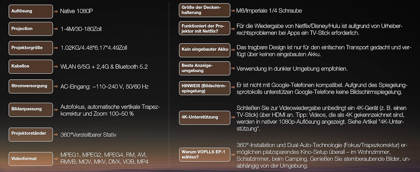 Проектор VOPLLS B-21000L 4K з автофокусом та корекцією трапецеїдальних спотворень, 28000 люмен, WiFi6, Bluetooth, Dolby Audio, Full HD 1080P, для дому та вулиці