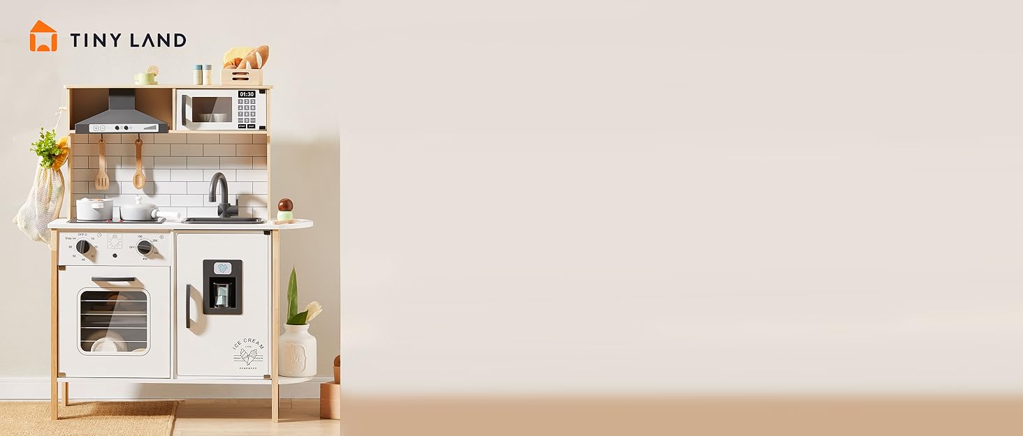 Дерев'яна дитяча кухня Tiny Land з аксесуарами: 18 предметів посуду та їжі. Іграшковий кухонний набір для дітей з підсвіткою та звуками.