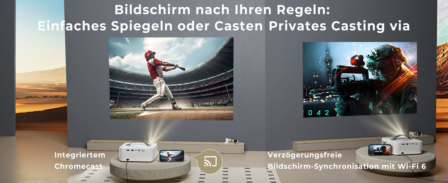 Портативний проєктор Beamer 4K з Dolby Audio, HDR10, WiFi6, Bluetooth 5.4, Auto Fokus, для домашнього кіно та перегляду спортивних подій, білий