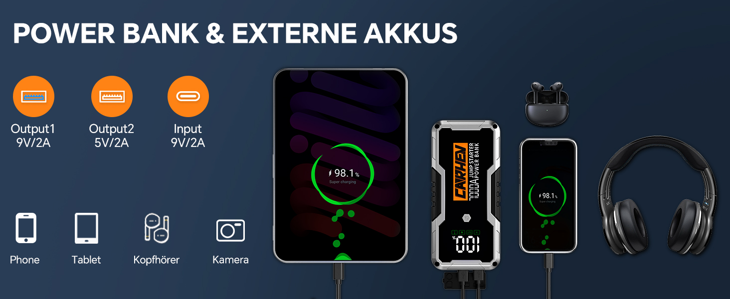 Бустерний пускач CARHEV 7000A для авто 12В (до 10.0L бензин/дизель), Powerbank з QC 3.0 USB та LED-ліхтарем