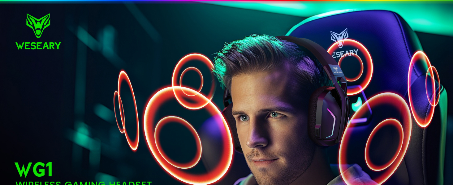 WESEARY WG1 Бездротові ігрові навушники з мікрофоном 2.4G для PS5, PS4, PC, Switch, Mac, Bluetooth, 7.1 Surround Sound, шумозаглушення, LED підсвітка, 50 годин роботи, Jade-Nebel