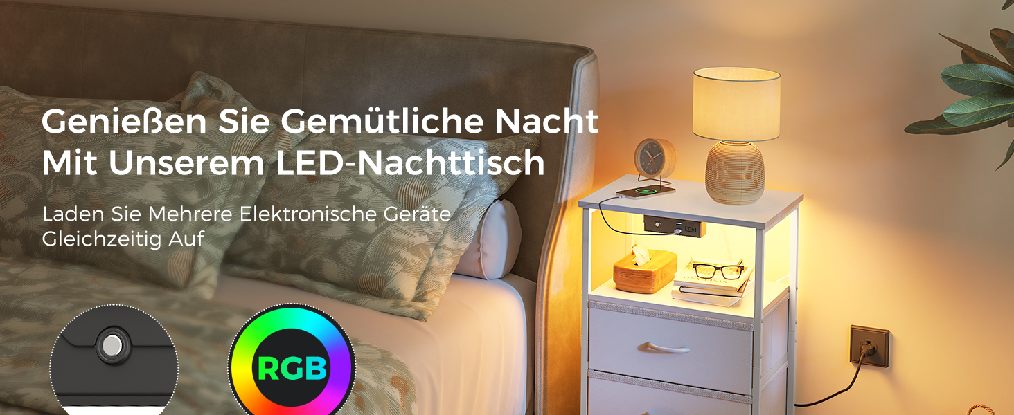 Приліжкова тумбочка Coleshome біла з розеткою, 2 USB, LED-підсвіткою, 3 висувними ящиками та місцем для зберігання, 40x30x70 см