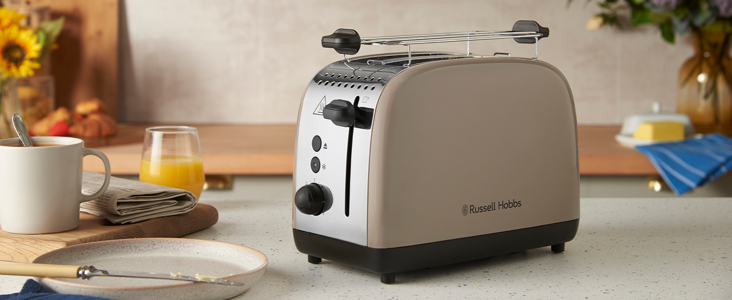 Тостер Russell Hobbs Colours Plus Edelstahl на 2 тости, Мока. Широкі слоти, підставка для булочок, 6 режимів, розморожування, Lift & Look, 1600 Вт