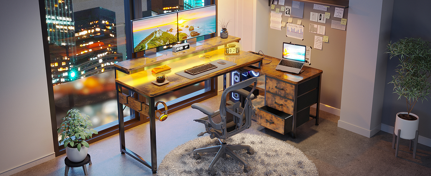 Кутовий стіл ODK з ящиками 174x100 см, з полицею, реверсивний, для геймінгу, офісу, дому, коричневий