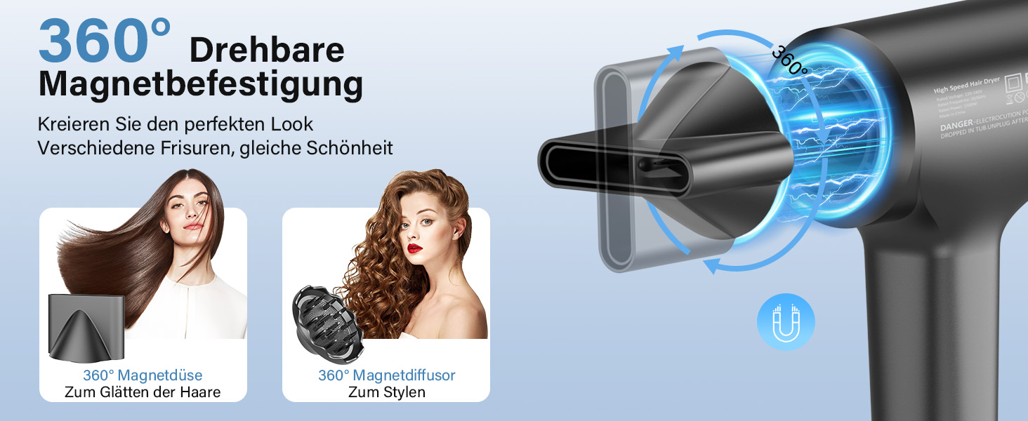 Професійний фен для волосся з дифузором, безщітковий мотор 110 000 об/хв, 400 млн плазмових іонів, низький рівень шуму 57дБ, сірий