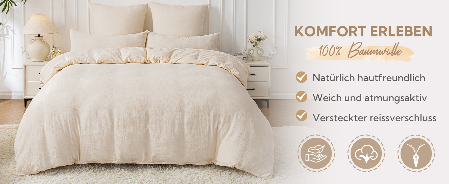 Муслінова постільна білизна SOULFUL 200x200 см, комплект 2 шт. (простирадло 135x200 см, наволочка 80x80 см), бавовна, ÖKO-TEX, застібка на блискавку, світло-бежевий