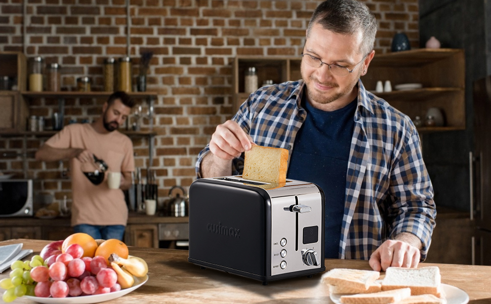Тостер CUSIMAX на 2 скибки, нержавіюча сталь, LED-дисплей, широкі отвори, 6 режимів обсмаження, функції скасування, підігріву та розморожування, чорний