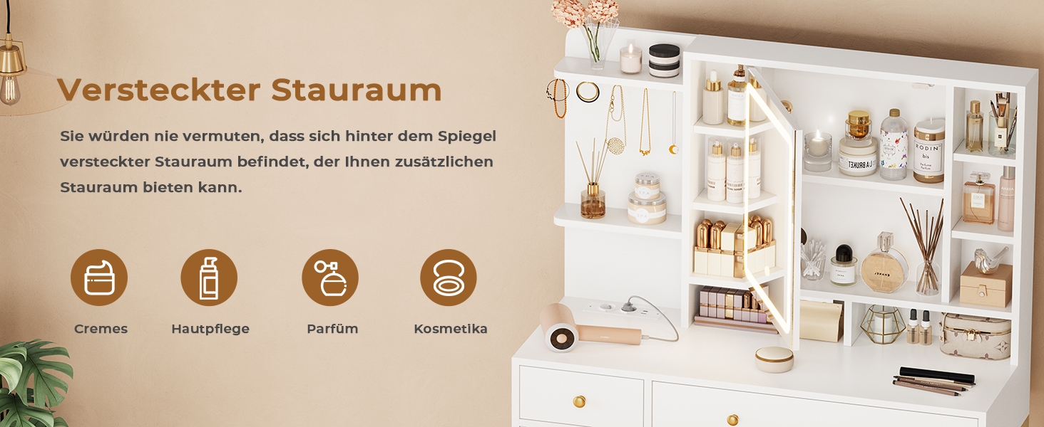 Трюмо AOGLLATI з розеткою, LED-підсвічуванням, регульованою яскравістю, шухлядами та полицями. Косметичний столик зі дзеркалом (білий)