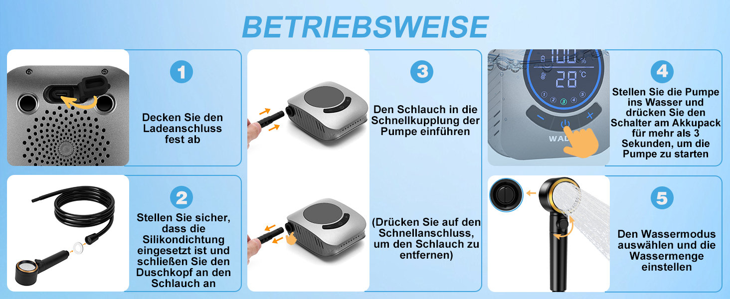 Портативна душова кабіна WADEO з насосом, 8000mAh, LED-дисплей, для кемпінгу та подорожей