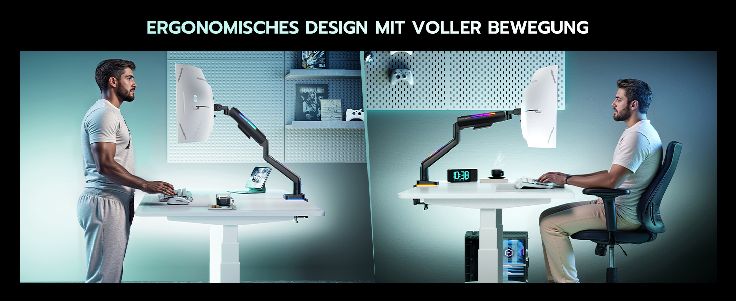 Кріплення для монітора ARES WING Ergonomic RGB, 17-49 дюймів, регульоване по висоті, поворотне, нахилене, RGB LED (білий/чорний)
