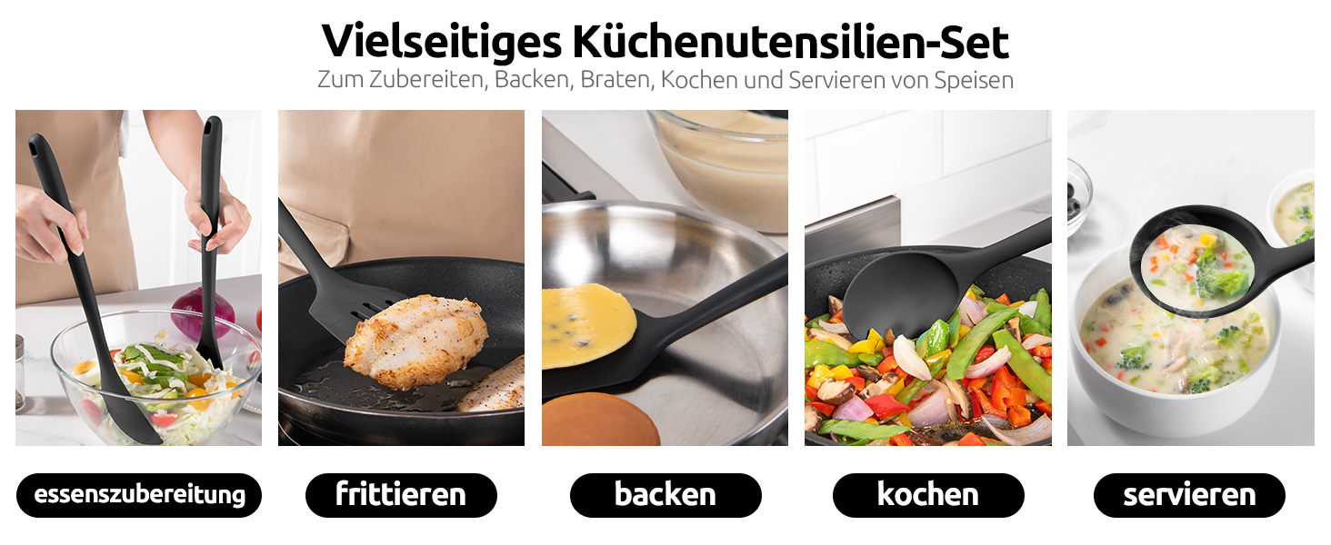 Набір кухонних аксесуарів U-Taste з силікону (5 шт.), стійкий до 315°C, BPA-free, антипригарний, для приготування, перемішування та подачі їжі (чорний)